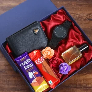 Birthday Gift for Men with Wallet, Wristwatch, Custom Perfume, Chocolates and Artificial Flowers