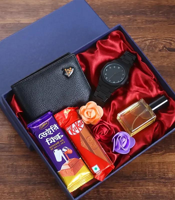 Birthday Gift for Men with Wallet, Wristwatch, Custom Perfume, Chocolates and Artificial Flowers Birthday Gift for Men with Wallet, Wristwatch, Custom Perfume, Chocolates and Artificial Flowers